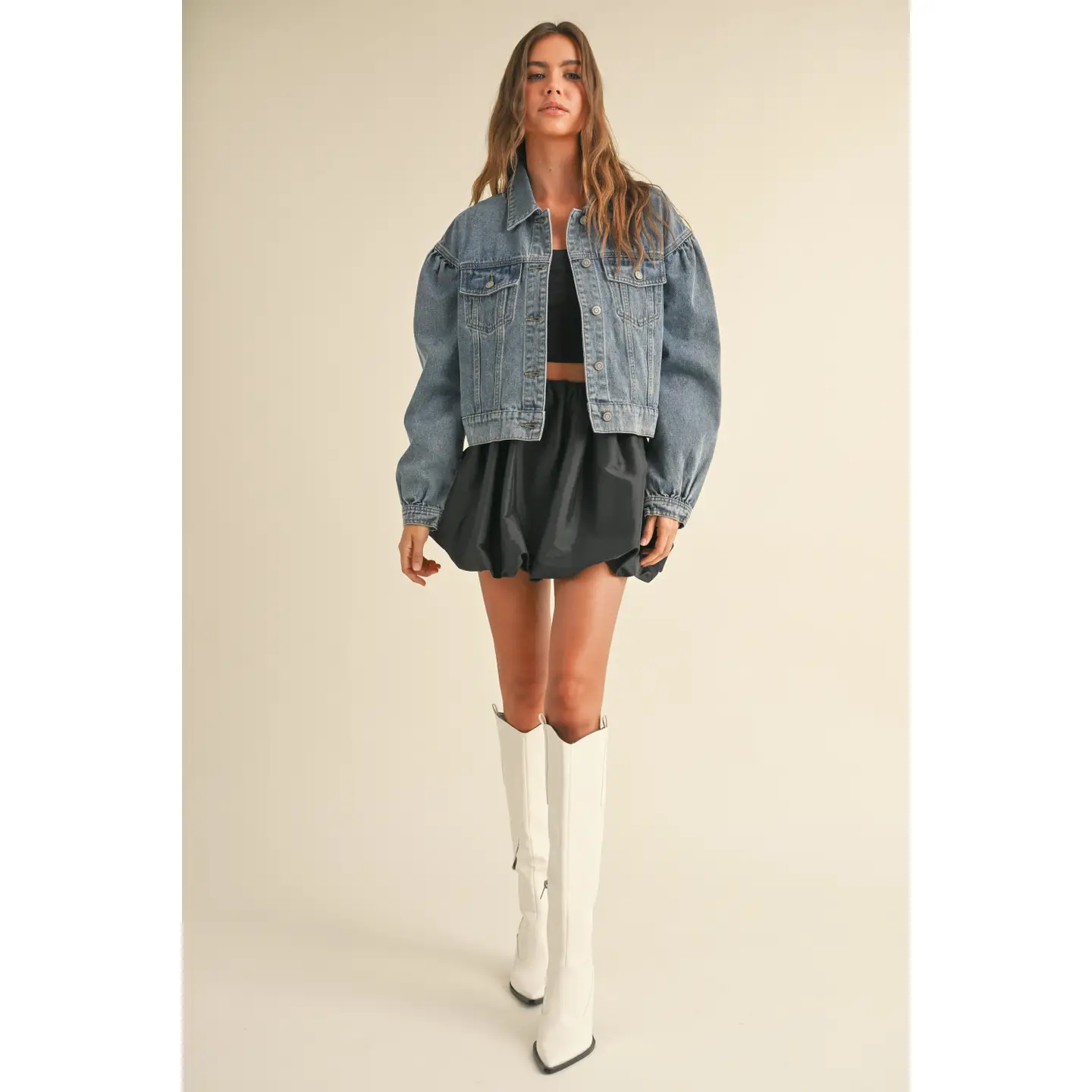 Long Sleeve Puff Sleeve Denim Jacket - lighter wash