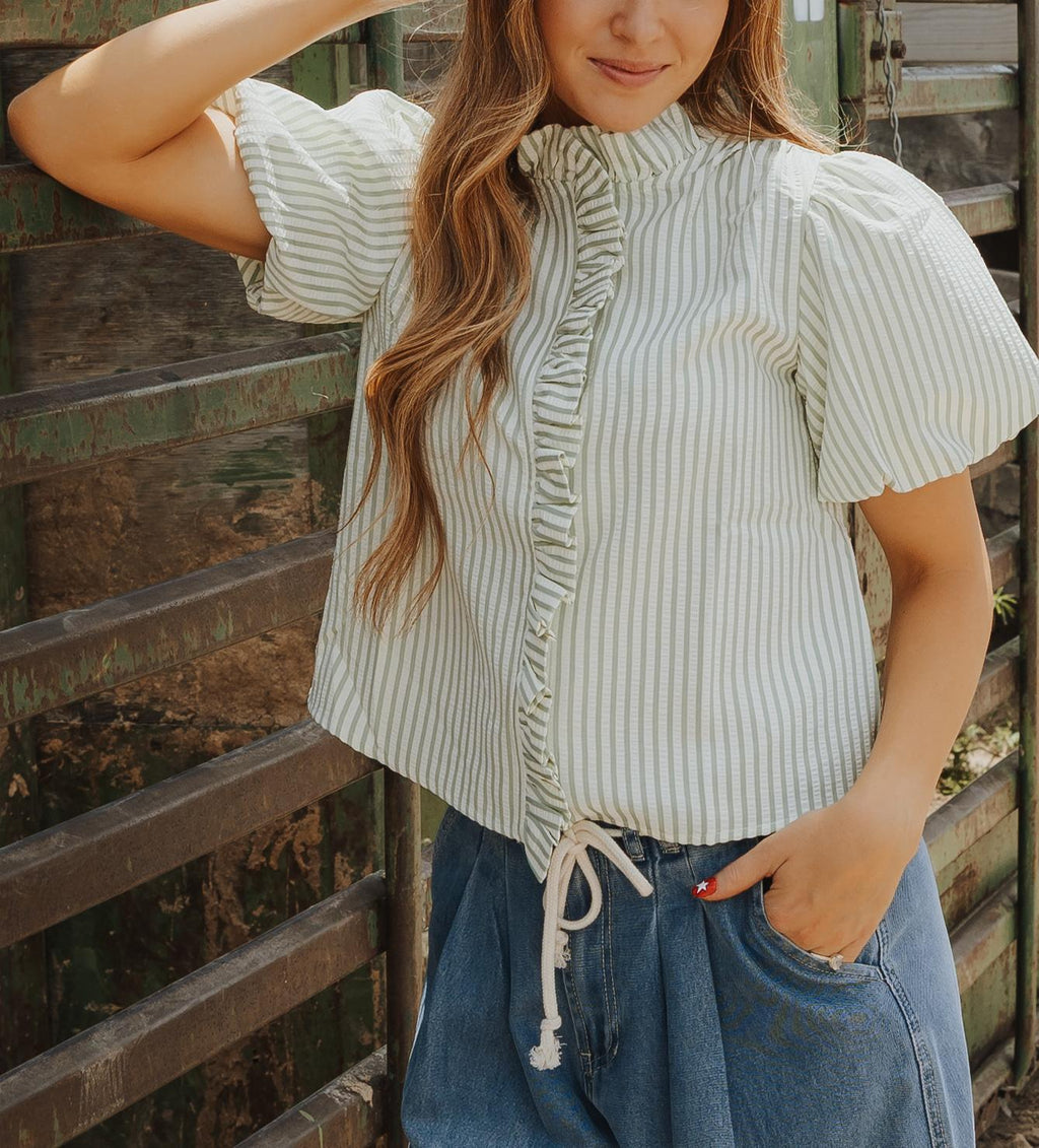 Striped Ruffled Button Down Top - SEAFOAM GREEN