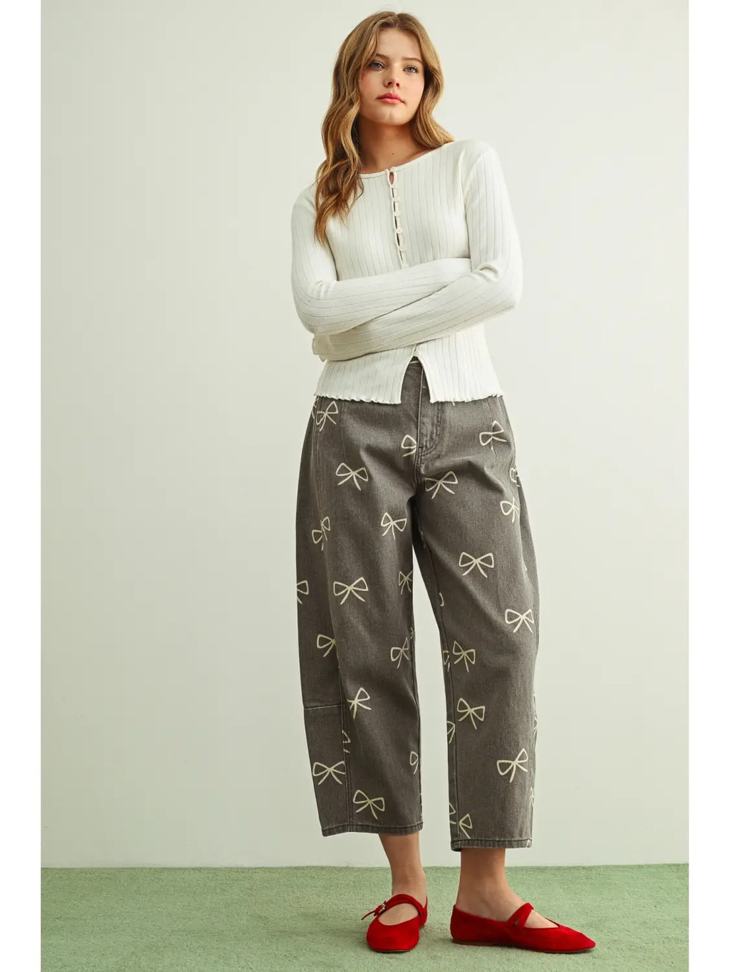 Bow Printed Barrel Pants