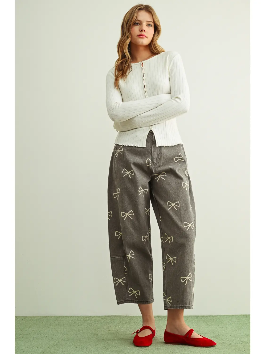 Bow Printed Barrel Pants