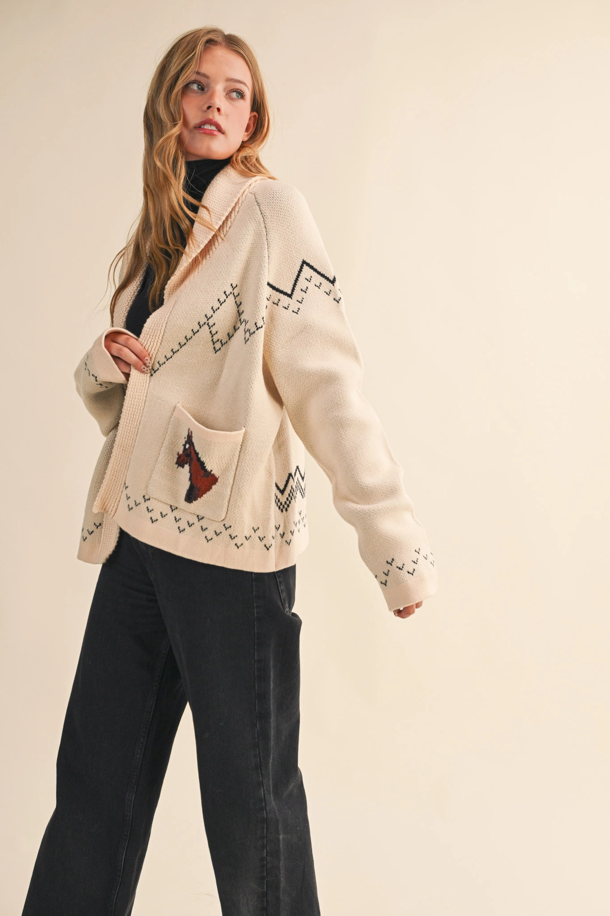 Horse Knit Sweater Cardigan - Beige Taupe