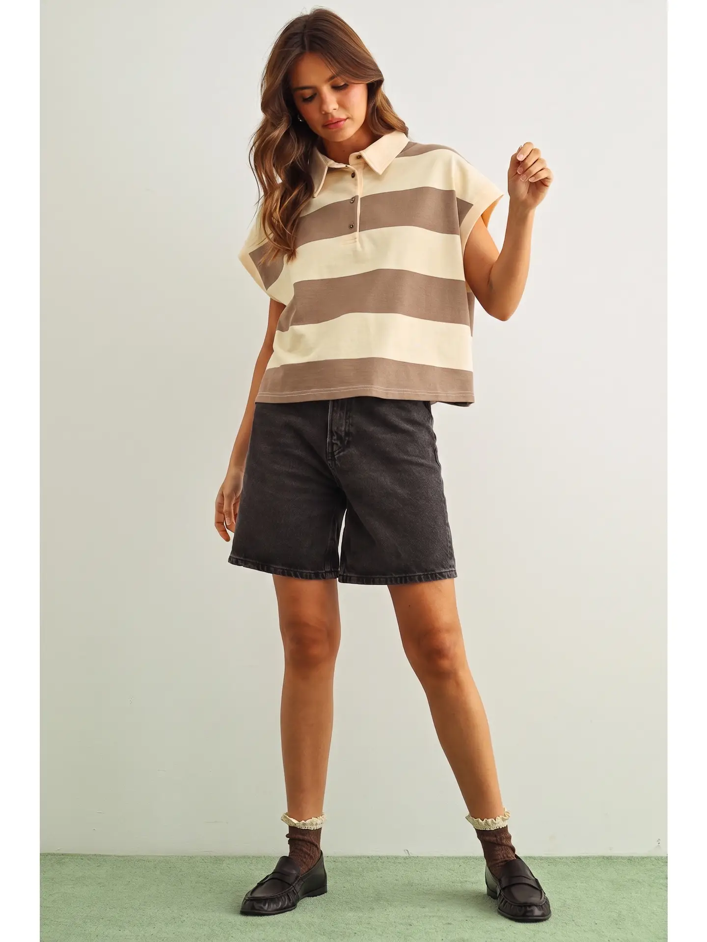 Wide Striped Sslv Polo Shirts - BEIGE/TAN