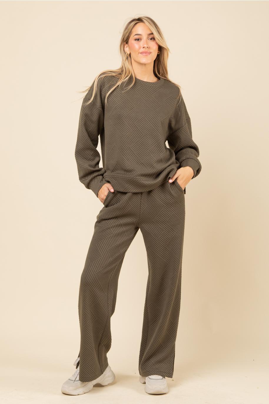 Quilted Double Knit Loungewear Top & Pants Set - Olive