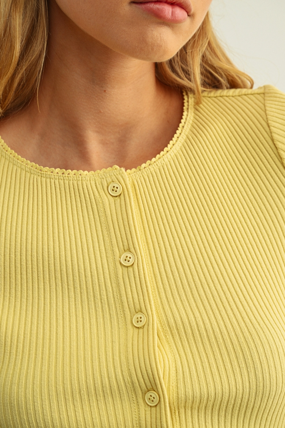 Button Front Ribbed Top - Custard