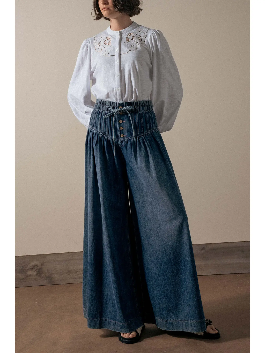 Pleated Wide-Leg Button Closure Pants - DARK DENIM