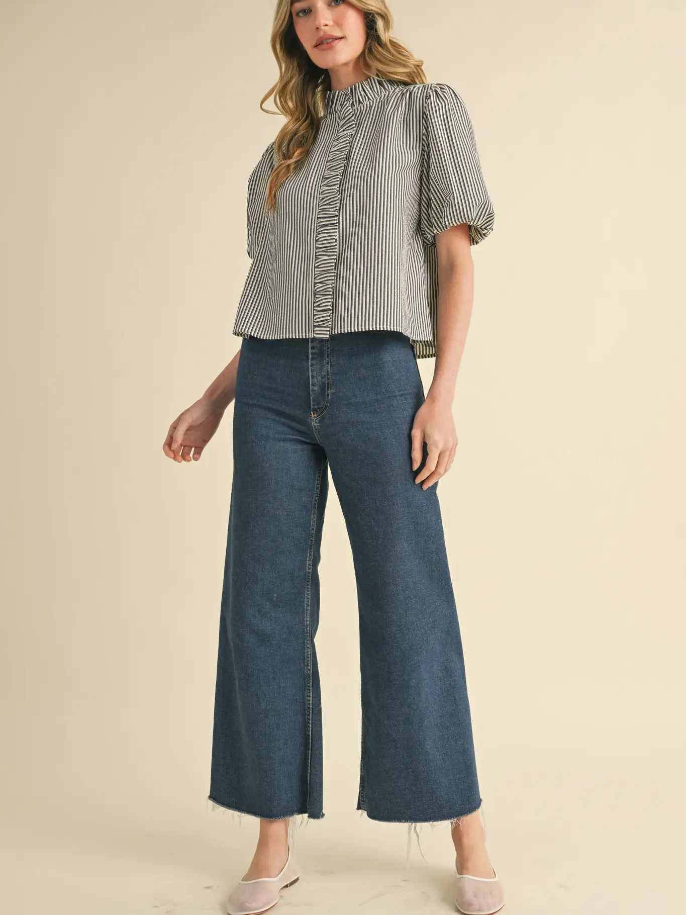 Striped Ruffle Button Down Top - DARK DENIM