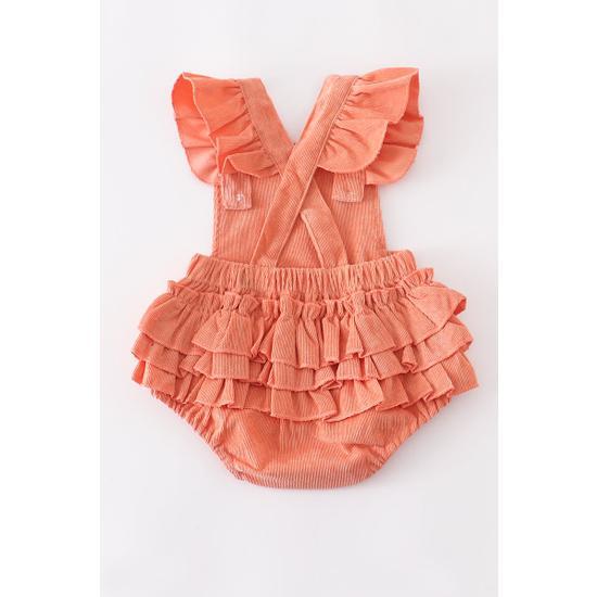 CORAL VELVET RUFFLE BABY ROMPER
