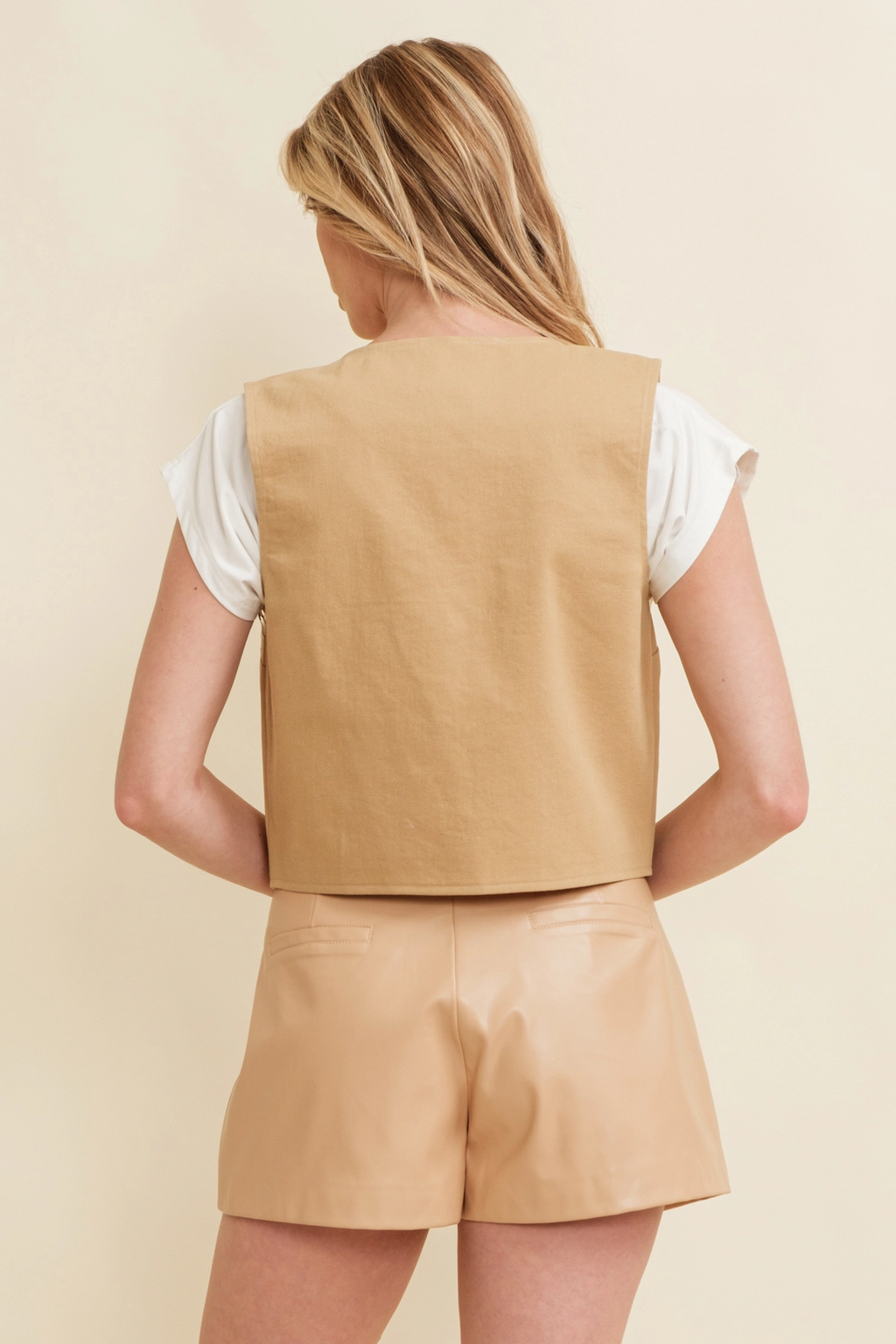 Denim Embroidery Design On Front Crop Vest - Camel