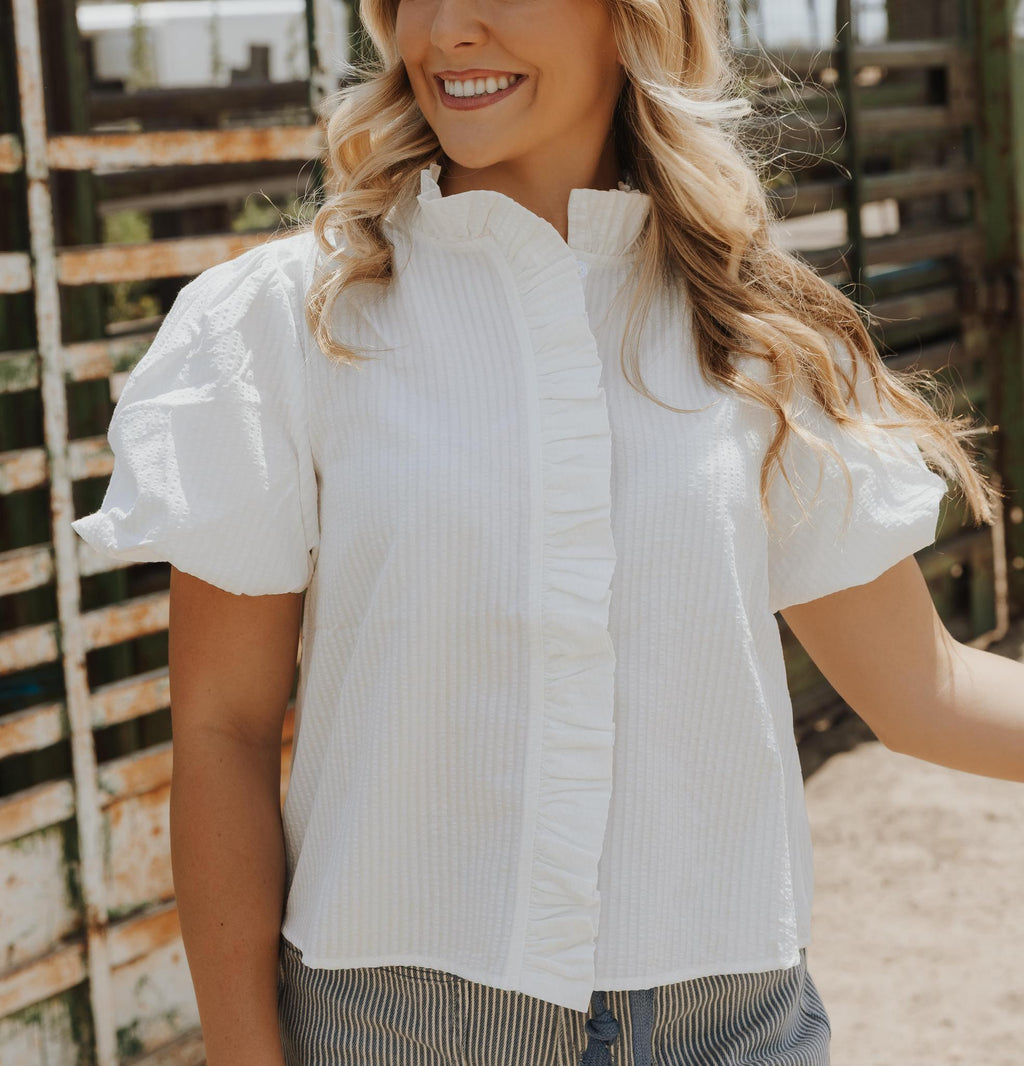 Striped Ruffle Button Down Top  - WHITE