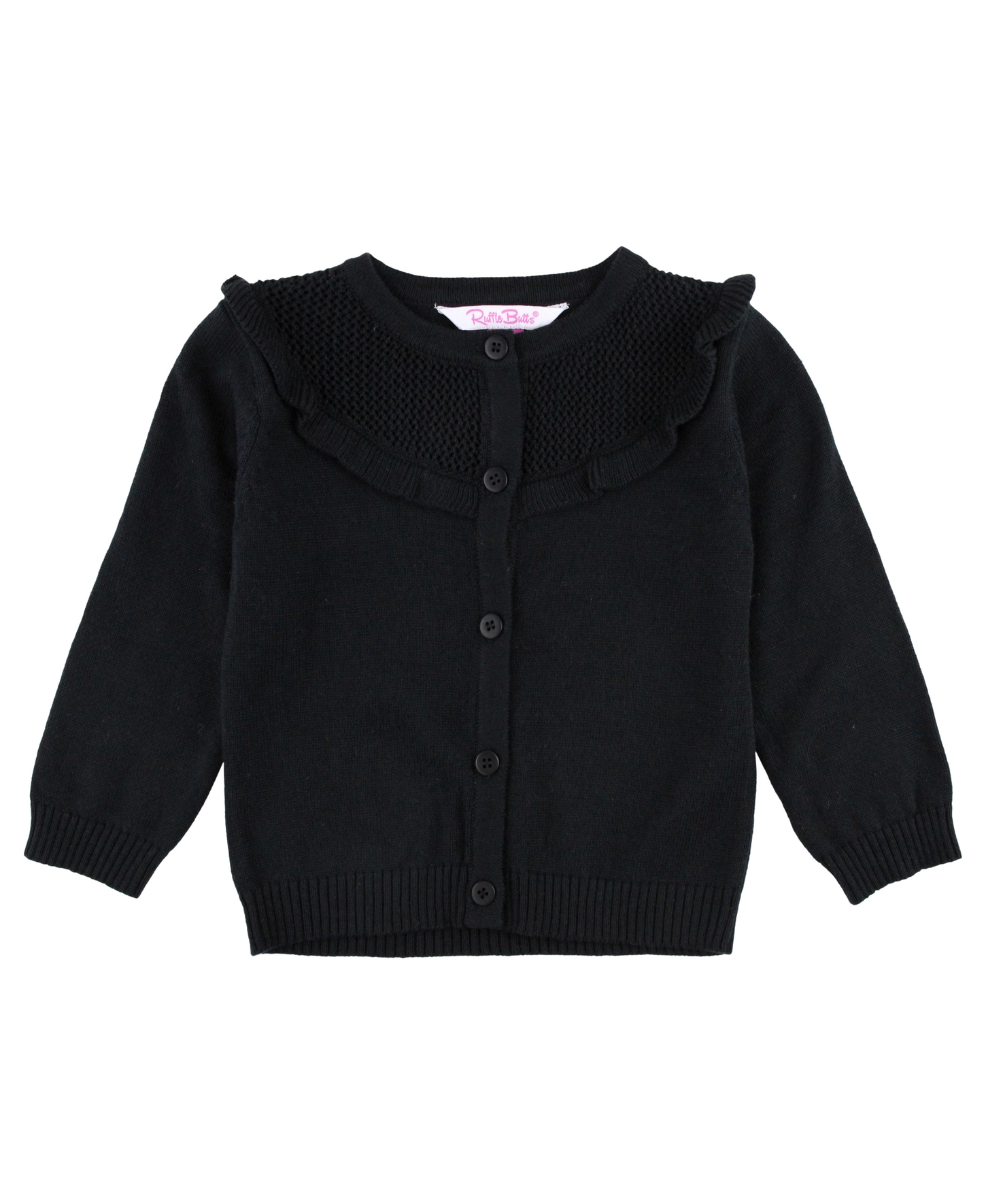 Girls Black Sweater Knit Ruffle Trim Cardigan - Black