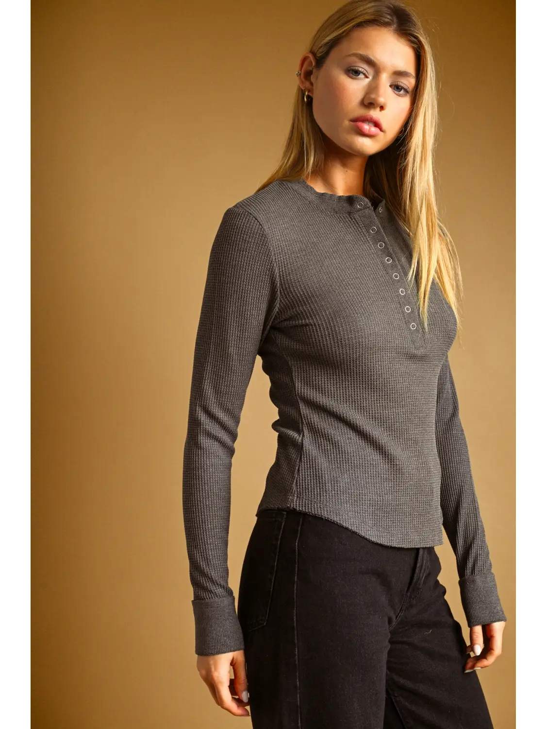 Half Snap Button Waffle Fabric Long Sleeve Top - CHARCOAL
