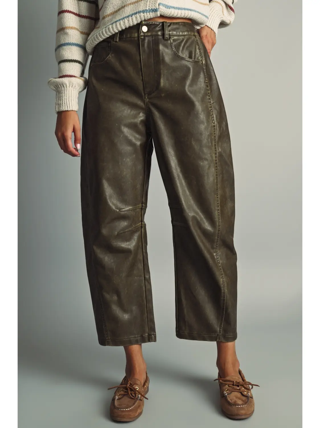 Washed Effect Barrel Pu Pants - BROWN