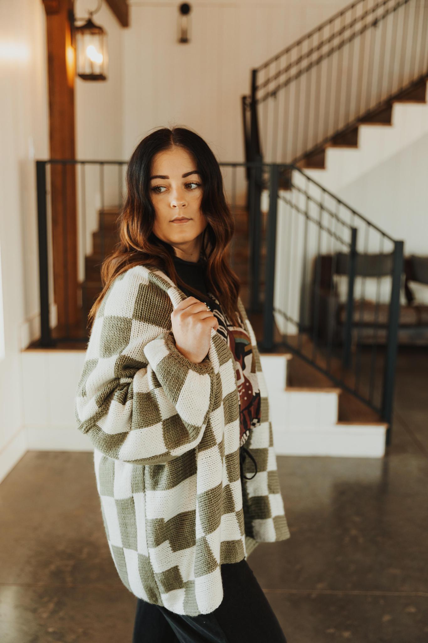 Check Dropped Shoulders Cardigan - Olive & White