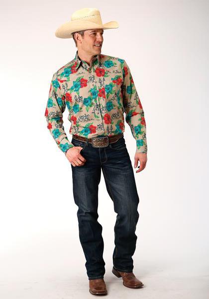 MENS L/S SHIRT PERFORMANCE Y/D ALLOVER PRINT - SNAP 01056 TRAIL RIDE TROPICAL 03-001-0064-0366 MU