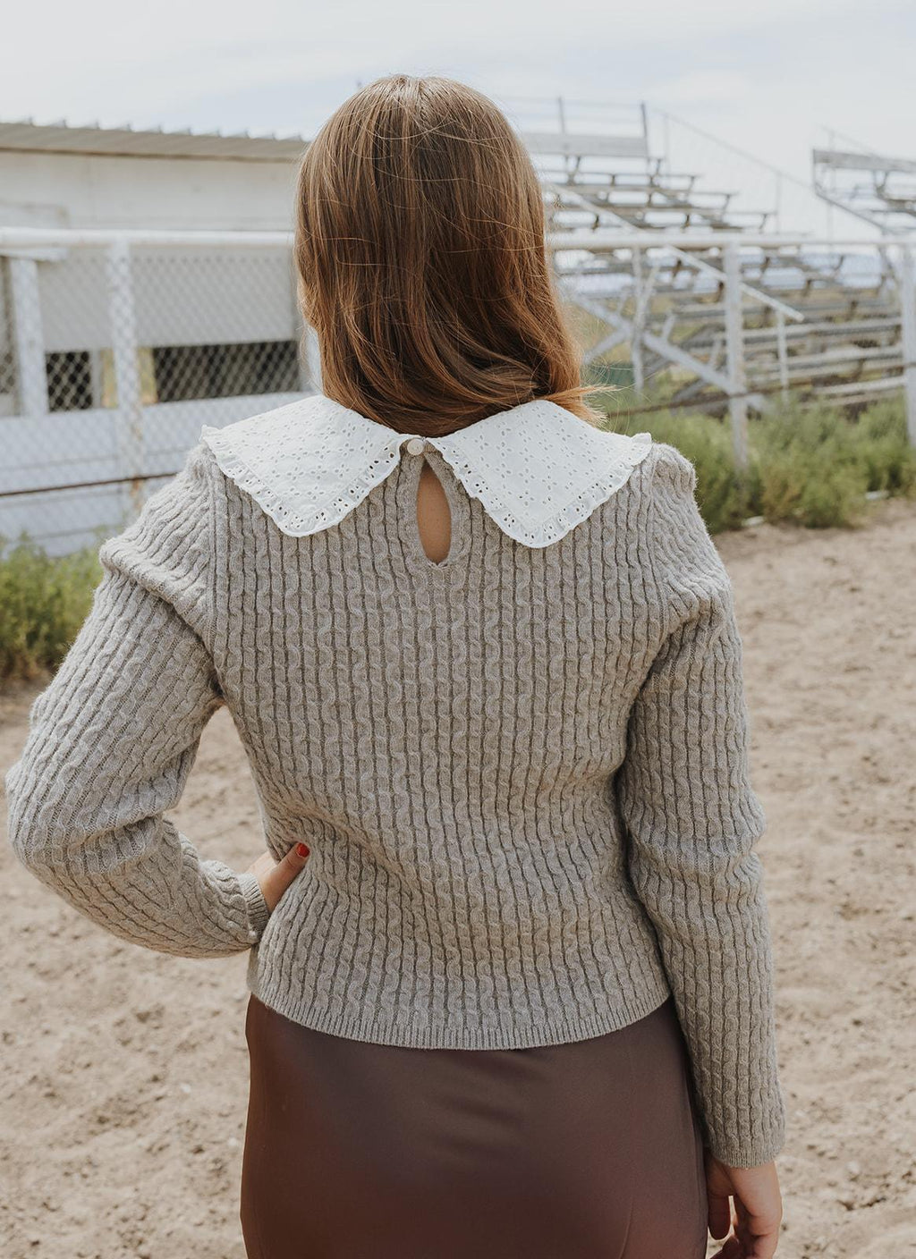 Long Sleeve Cable Knit with Crochet Collar