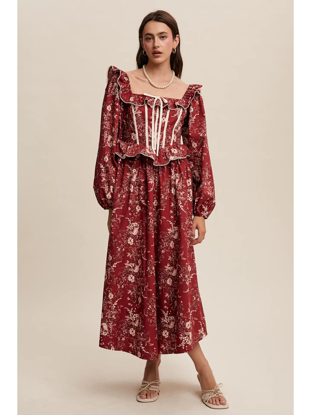 Floral Corset Ruffle Midi Dress - CRIMSON
