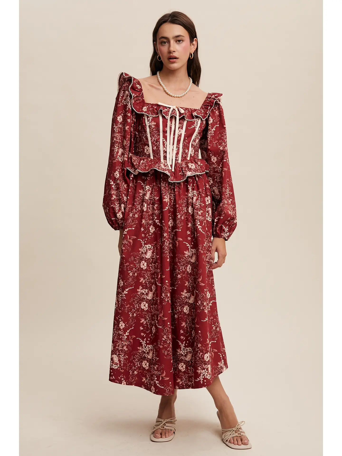 Floral Corset Ruffle Midi Dress - CRIMSON