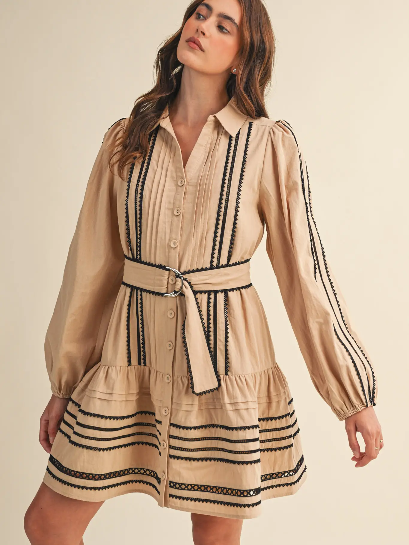 Contrast Lace Trim Belted Mini Dress - TAN BLACK