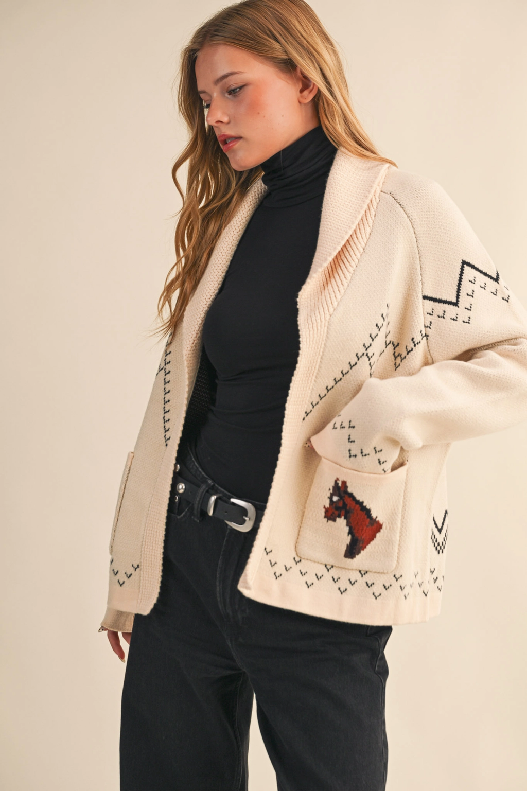 Horse Knit Sweater Cardigan - Beige Taupe