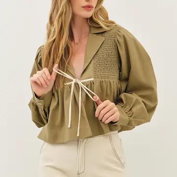 Soft Linen Smocked Babydoll Open Front Blouse with Bow - Lt. Olive
