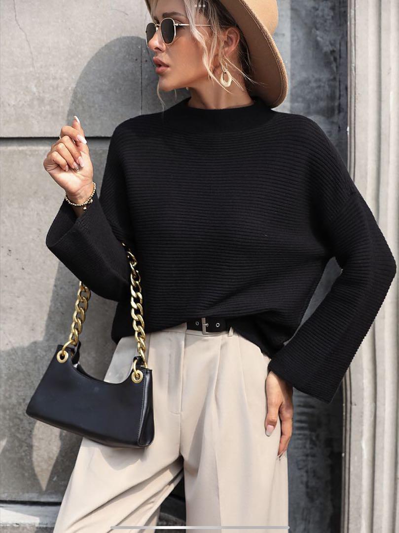 KNIT RIBBED SWEATER- BLACK