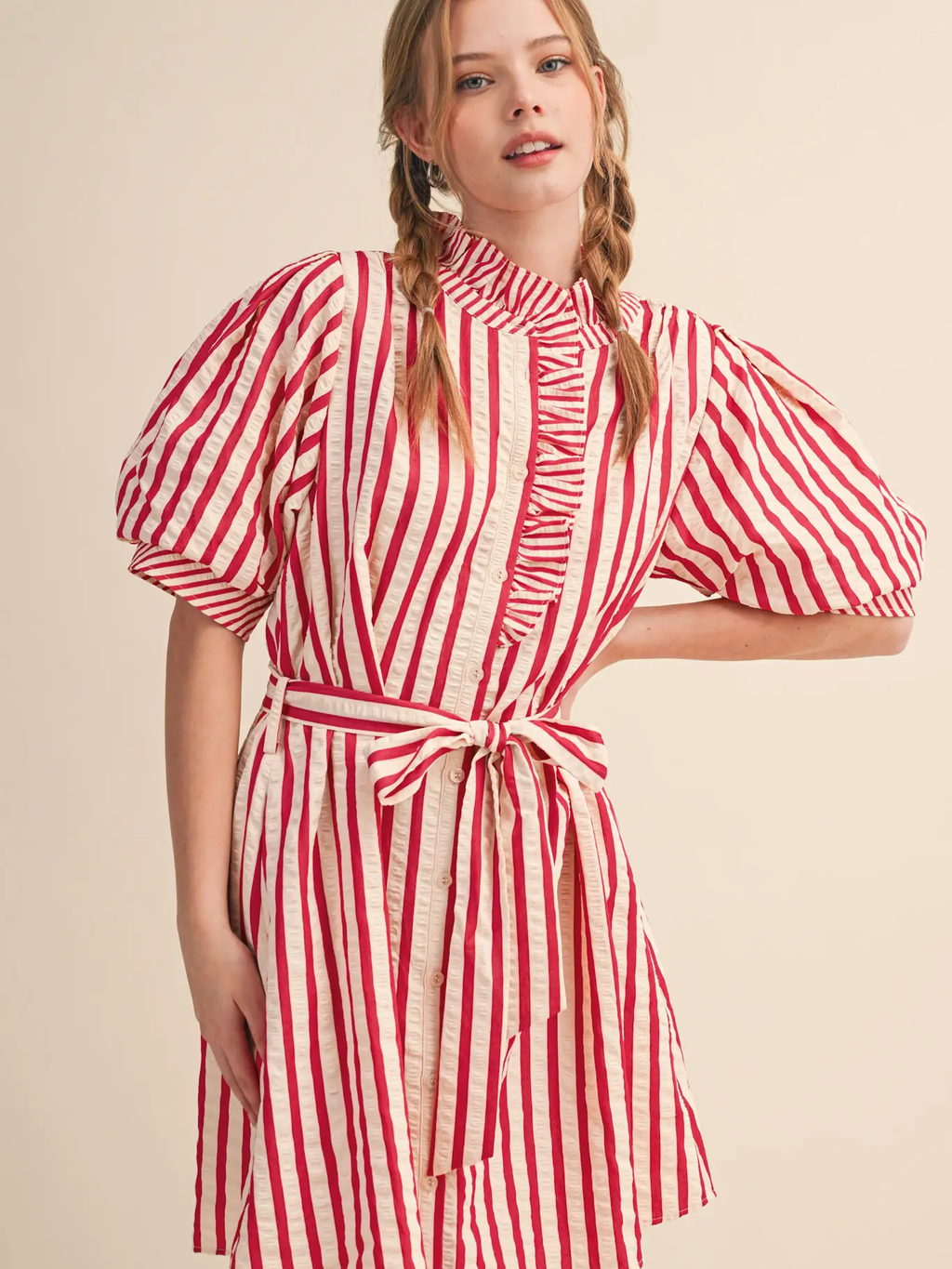 Striped Ruffled Button Down Mini Dress - BERRY RED SRTIPE