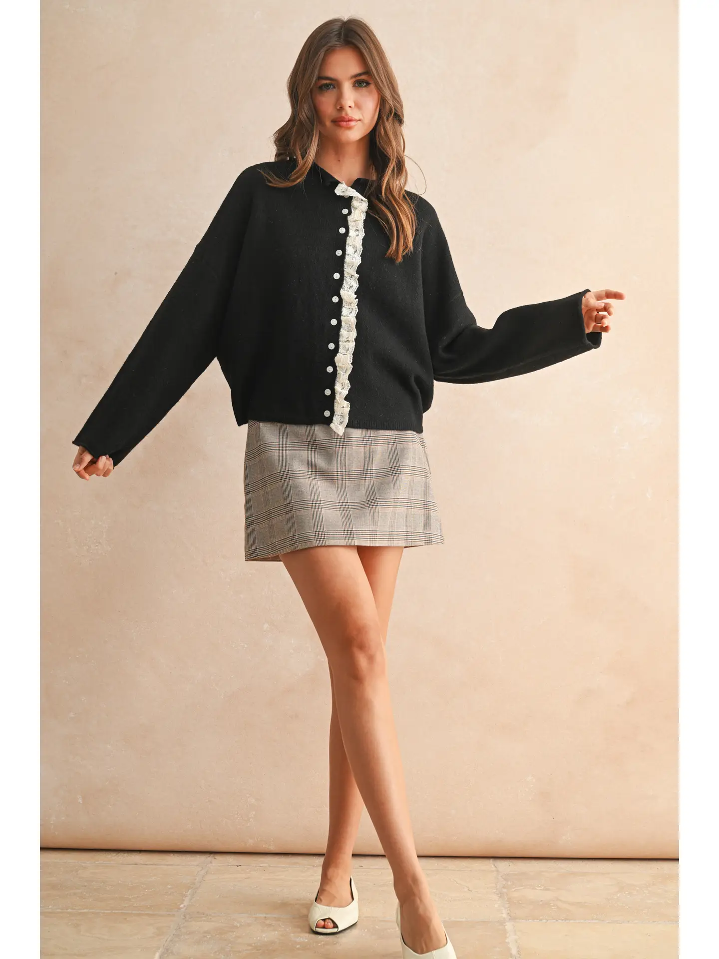 Button Front Lace Trim Knitted Cardigan - Black