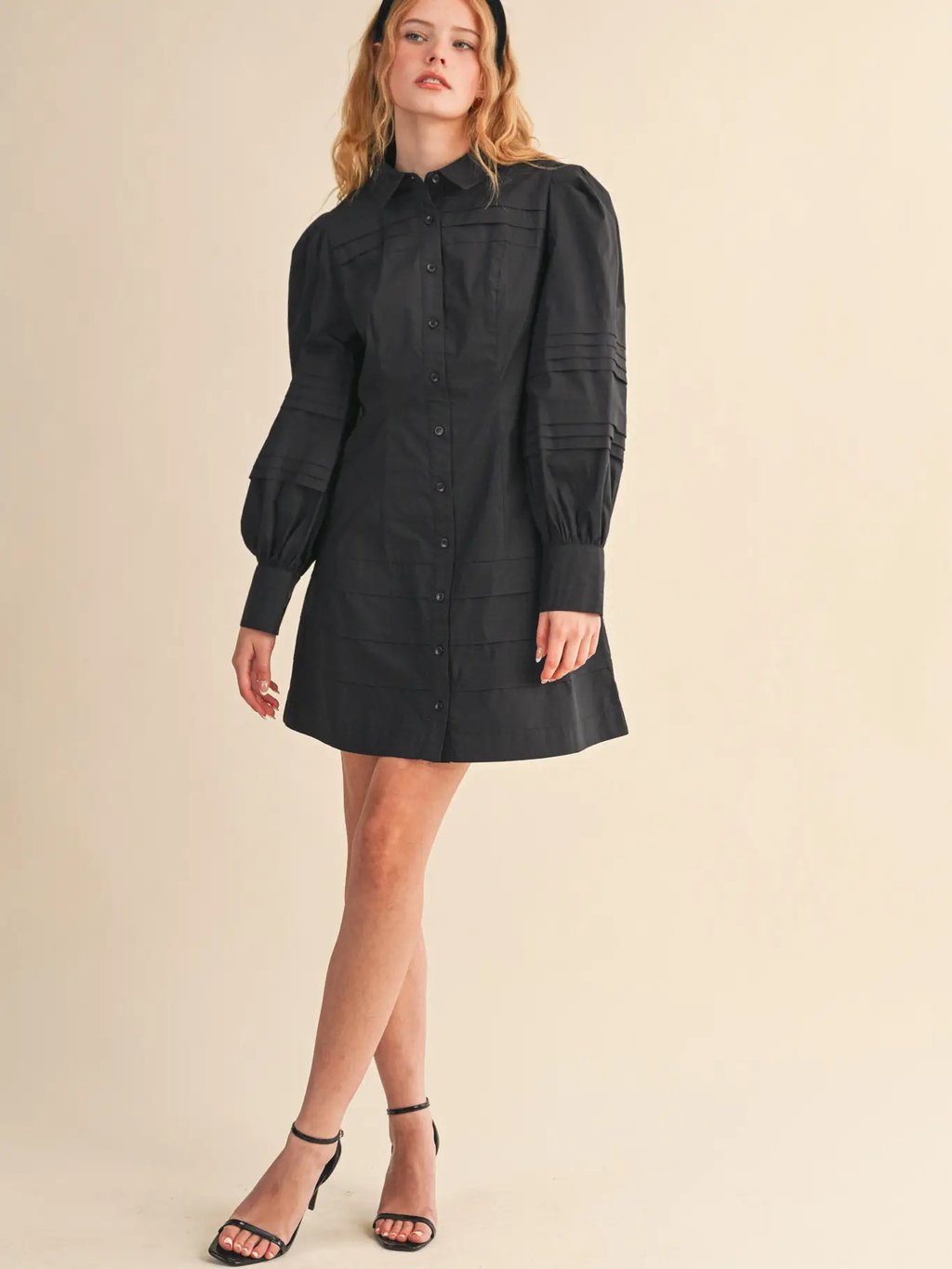 Pin Tuck Detail Button Down Mini Dress - BLACK