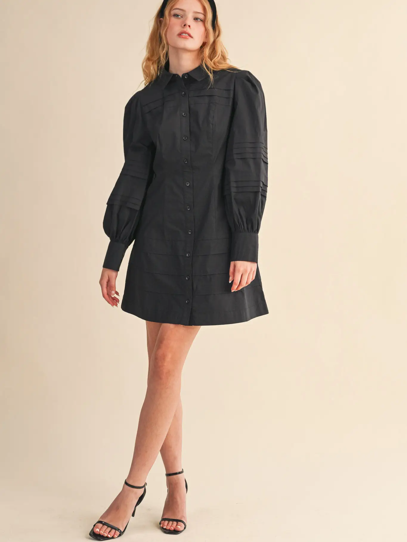 Pin Tuck Detail Button Down Mini Dress - BLACK