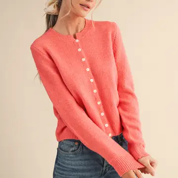 Marled Knit Sweater Cardigan - CORAL RED