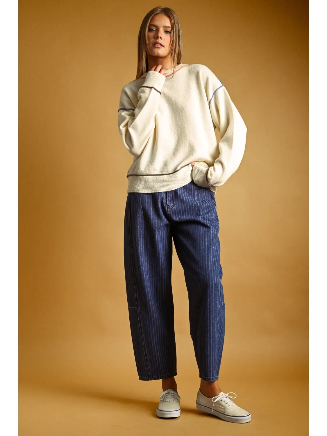 Pinstriped Denim Barrel Pants