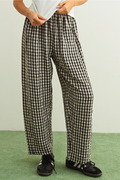 Gingham Pattern Elastic Band Waist Pants - BLACK & WHITE
