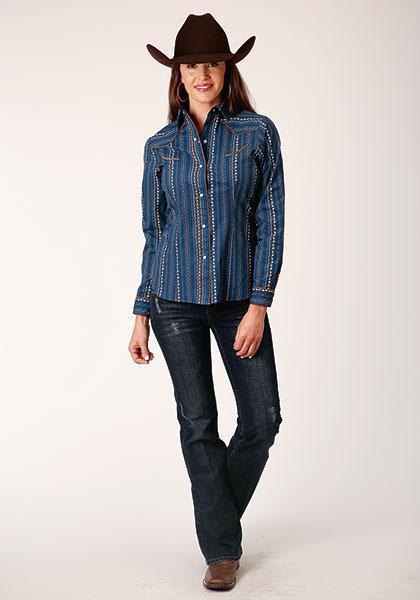 ROPER WOMEN'S L/S SHIRT SNAP RETRO PIPED FANCY YOKE 1724 NAVY/KHAKI FLORAL WALLPAPER PRT
