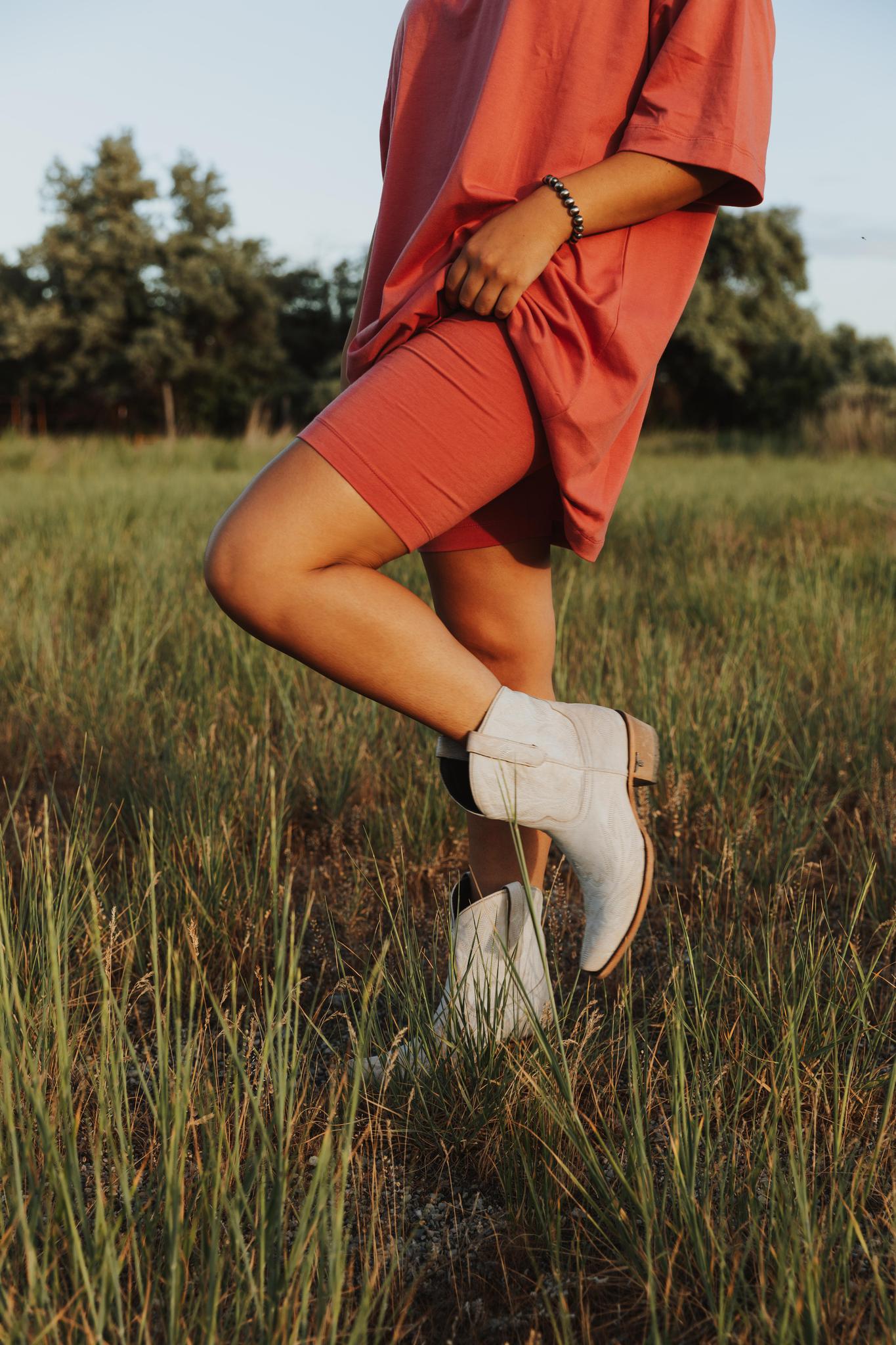 Knit Oversize Tee Shirt An Shorts Casual Biker Set - Rust