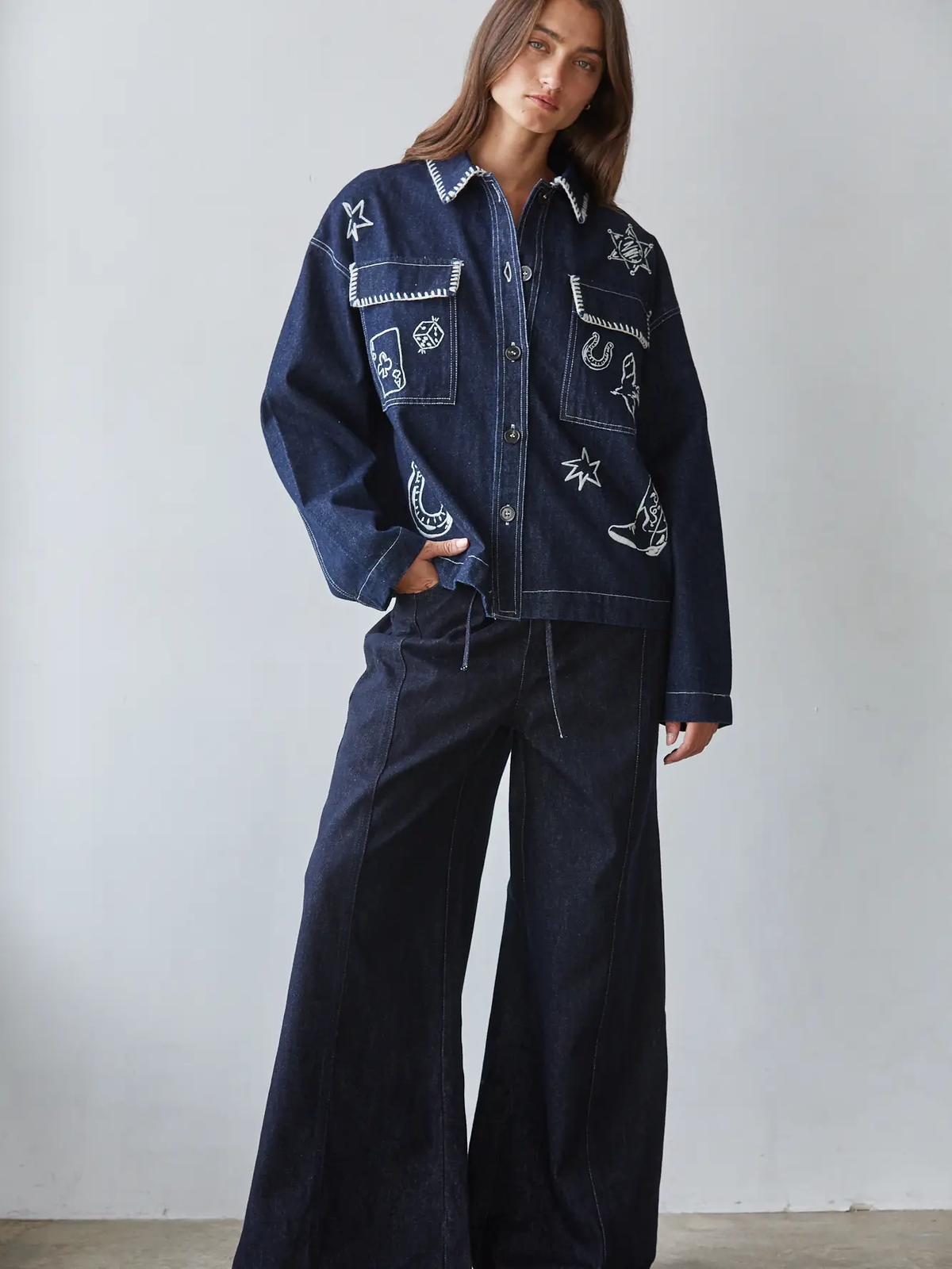 Woven Denim Cotton Embroidered Button Down Jacket - DARK DENIM