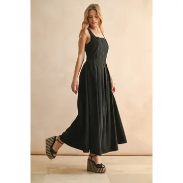 Stitch Front Pleated Detail Dress - Black
