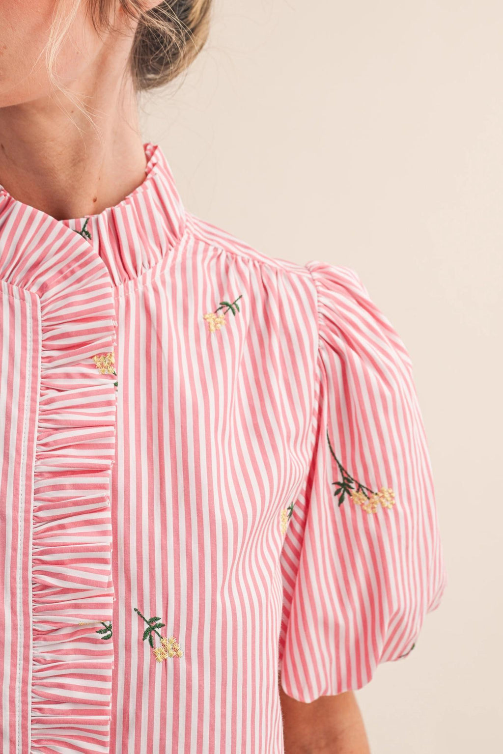 Floral Embroidery Striped Ruffled Button Down Top - Pink Berry Stripe