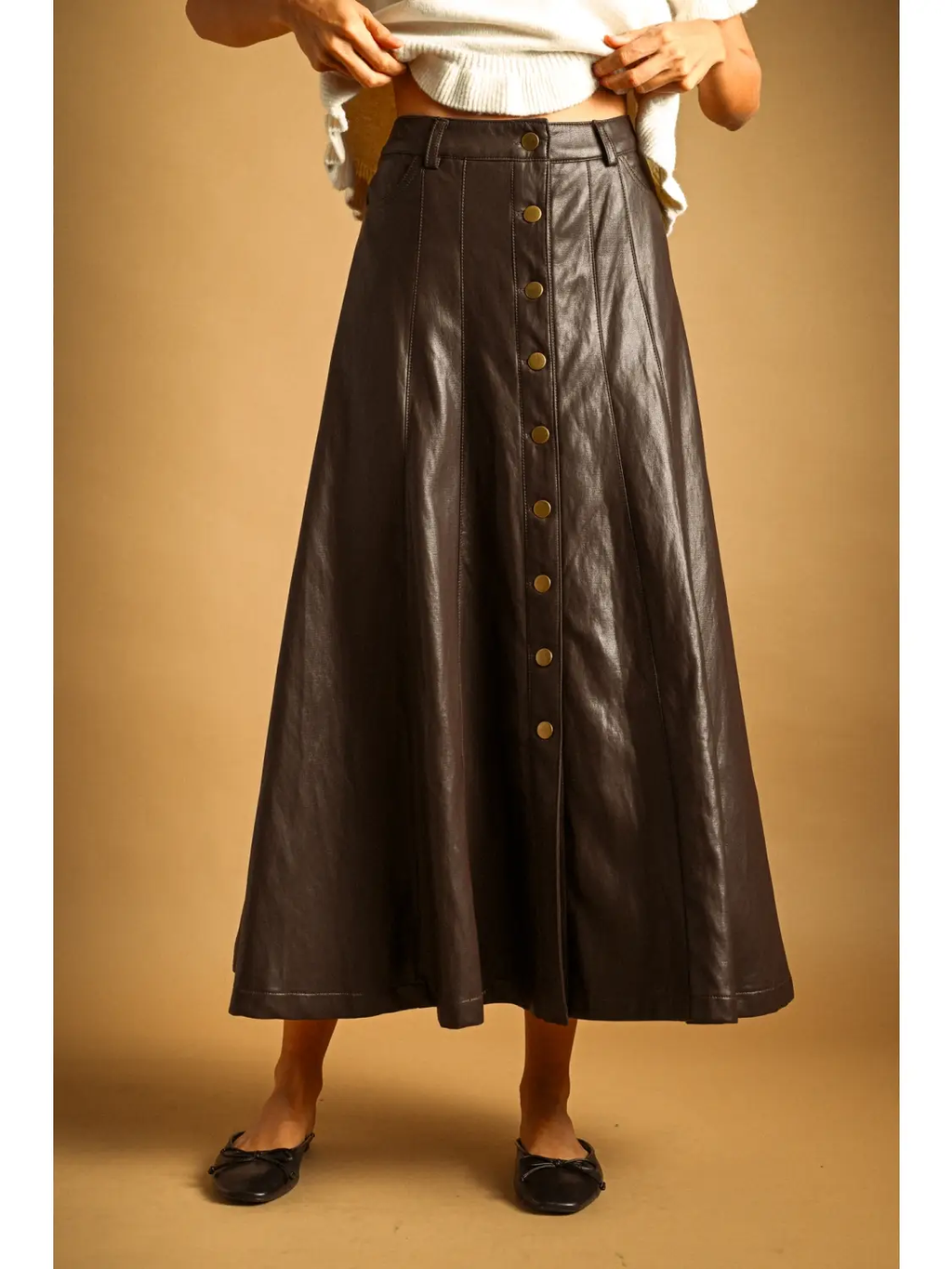 Faux Leather Button Front Long Skirt