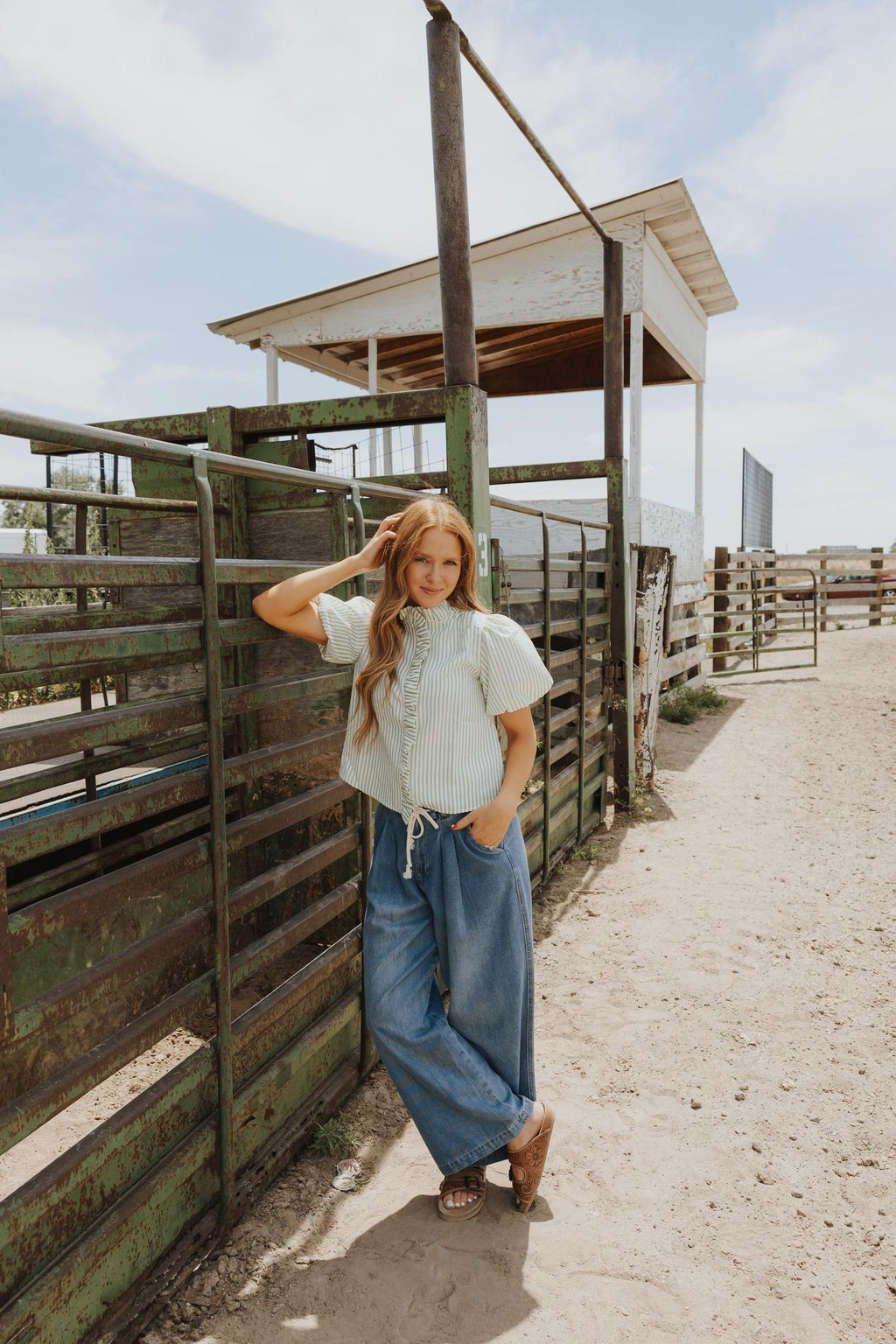 Striped Ruffled Button Down Top - SEAFOAM GREEN