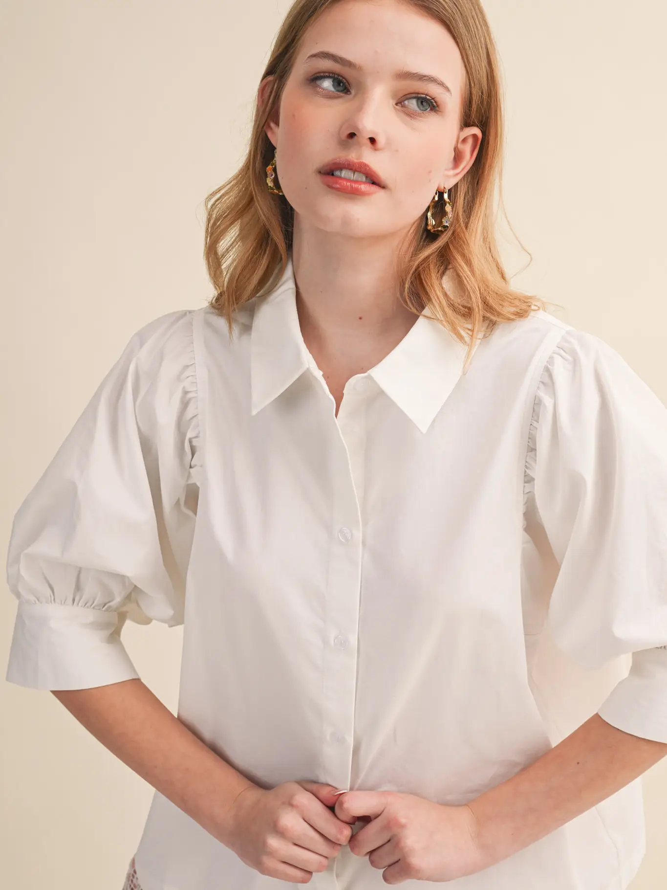 Puff Sleeve Button Down Top - WHITE