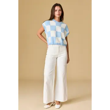 Hannah Loose Fit Checker Knit Top - Blue