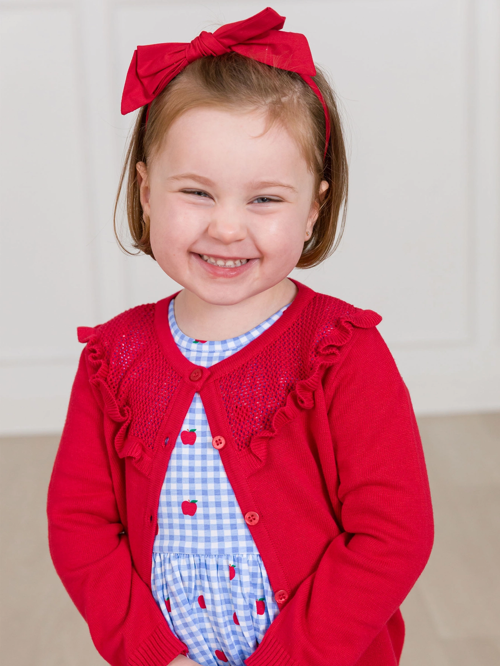Girls Red Sweater Knit Ruffle Trim Cardigan - Red