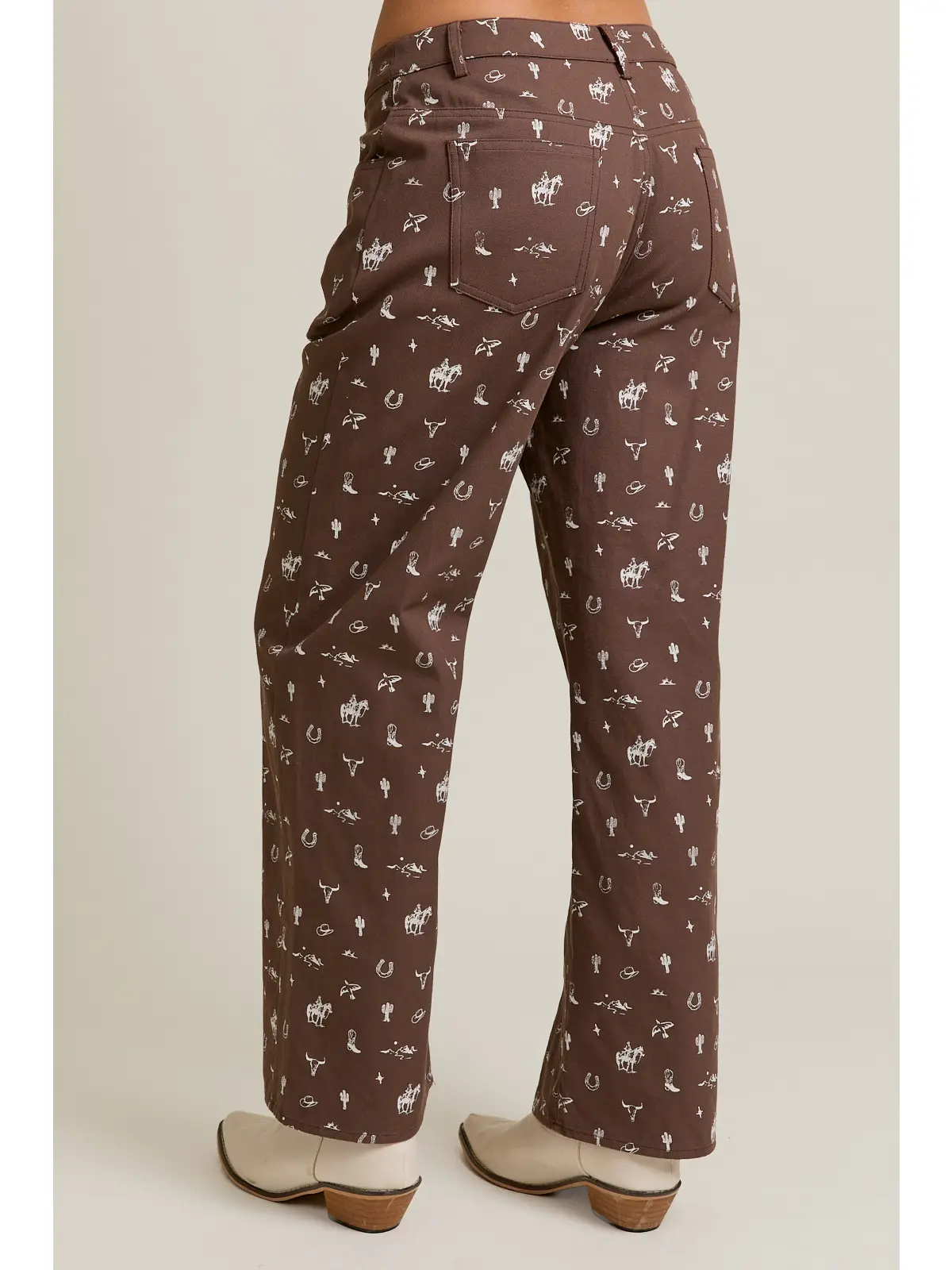 Mid-Rise Cowboy Graphic Wide Leg Pants - BROWN