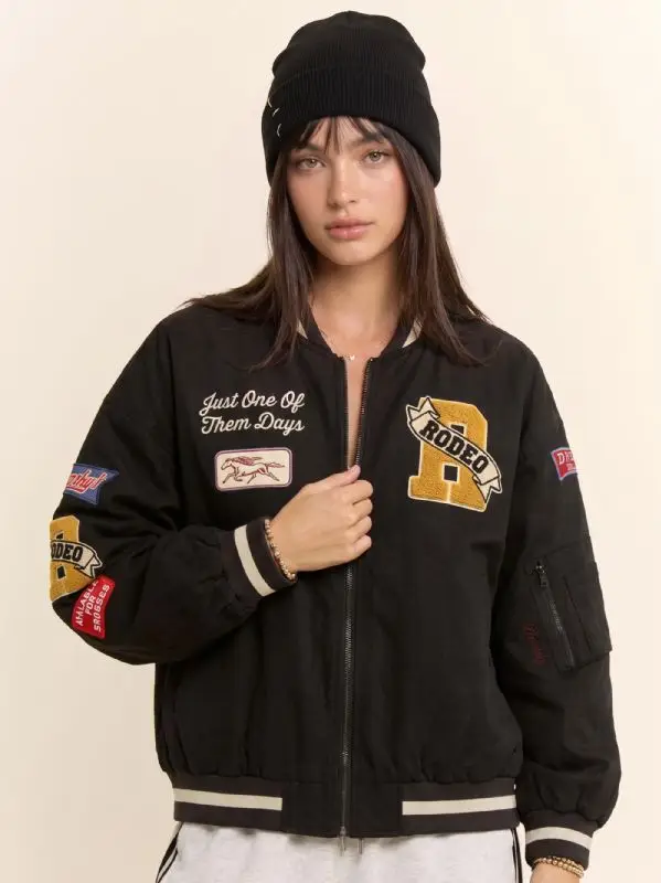 Western Varsity Patch Bomber Jacket - BLACK
