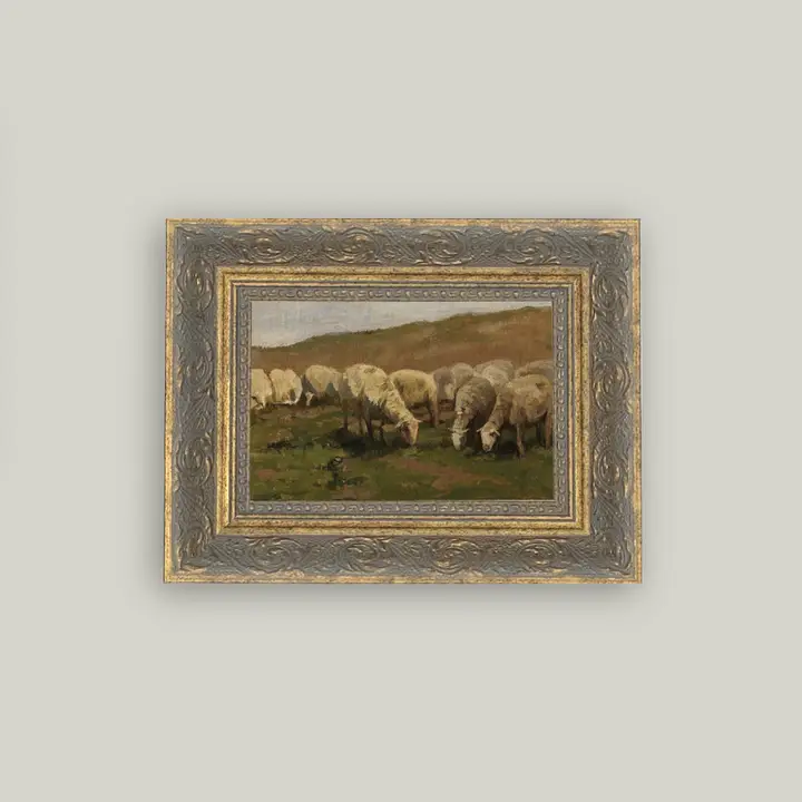 Sheep Landscape Framed Antique Art