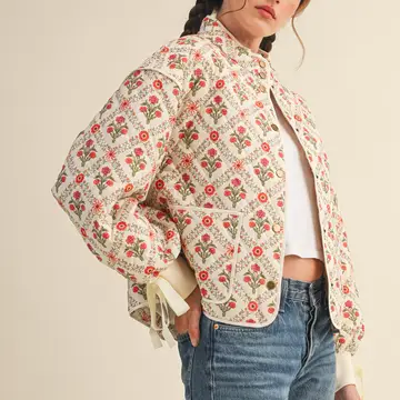 Floral Quilted Jacket with Ribbon Detail - IVORY RED
