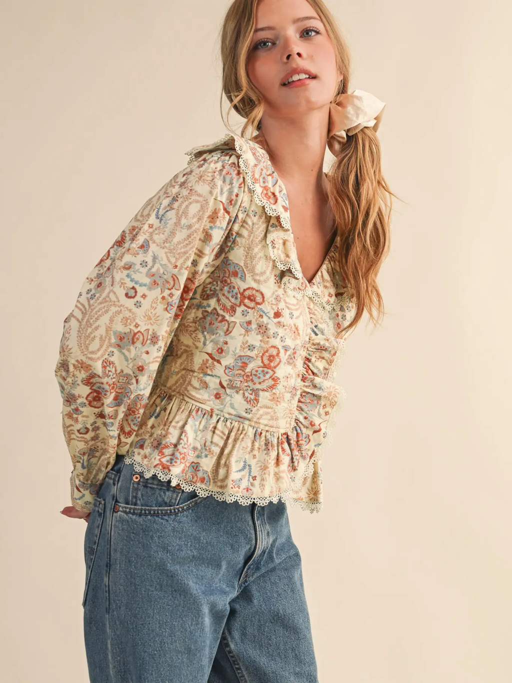 Paisley Print Lace Trim Quilted Top