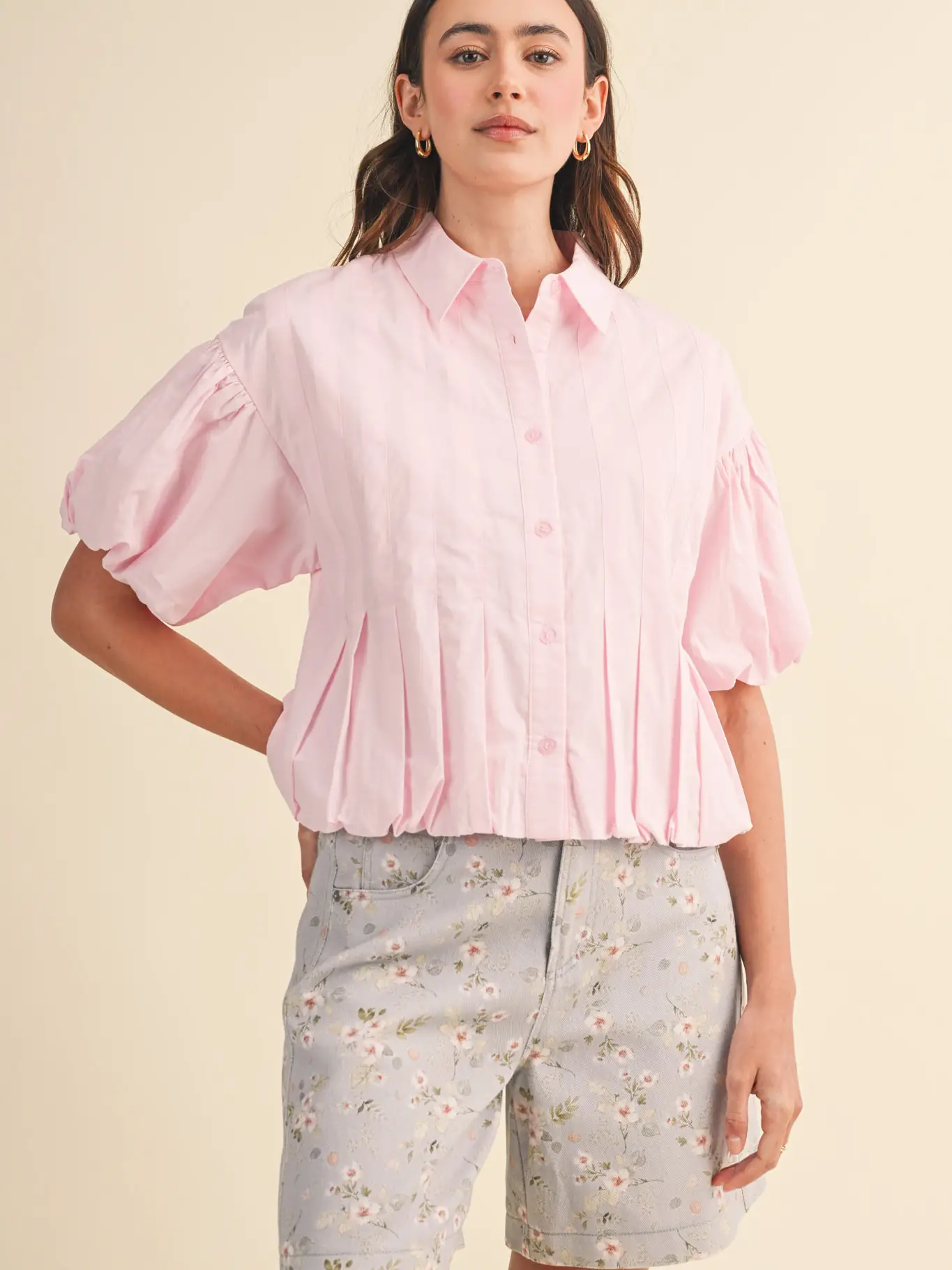 Pleated Bubble Hem Button Down Top - PINK