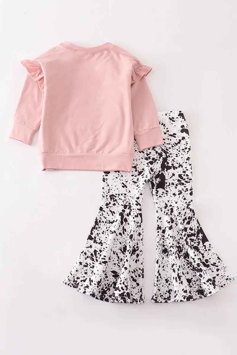 PINK COW RUFFLE GIRLS PANT SET