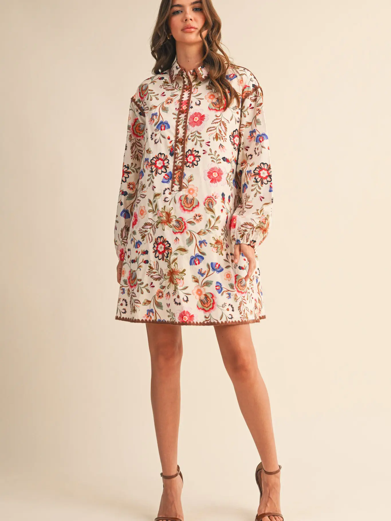 Exclusive Print Blanket Stitch Buttoned Mini Dress - CREAM MULTI